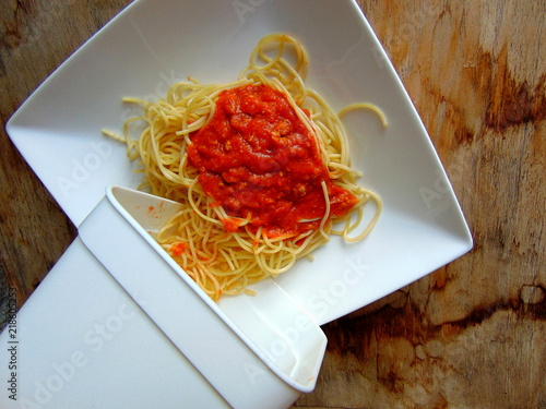 Spaghetti leftovers from a plastic container
