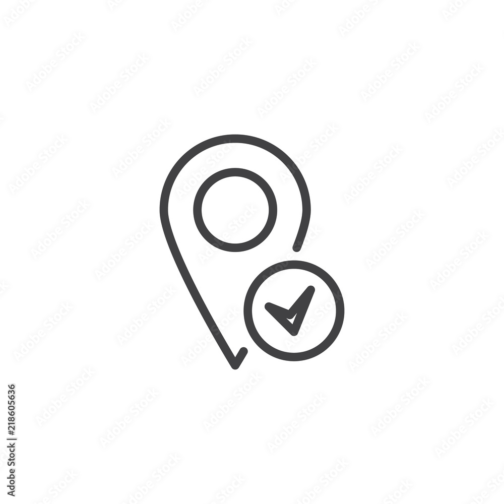 Destination done outline icon. linear style sign for mobile concept and web design. Map Pin with check mark simple line vector icon. Symbol, logo illustration. Pixel perfect vector graphics Destination done outline icon. linear style sign for mobile concept and web design. Map Pin with check mark simple line vector icon. Symbol, logo illustration. Pixel perfect vector graphics