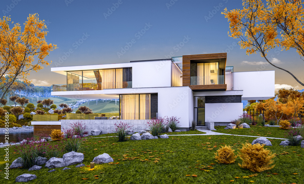 3d rendering of modern cozy house by the river with garage for sale or rent with beautiful mountains on background. Cool autumn evening with soft light from window.
