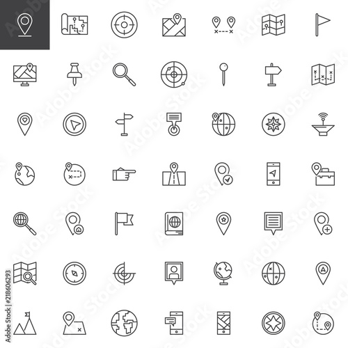 Location and Navigation outline icons set. linear style symbols collection, line signs pack. vector graphics. Set includes icons as Map Pointer, Route, Destination Pin, Mobile Gps app, Radar, Compass