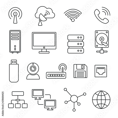 Network related icons: thin vector icon set, black and white kit