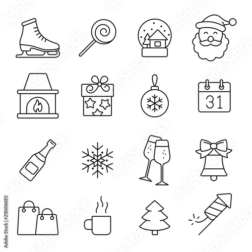New Year related icons: thin vector icon set, black and white kit