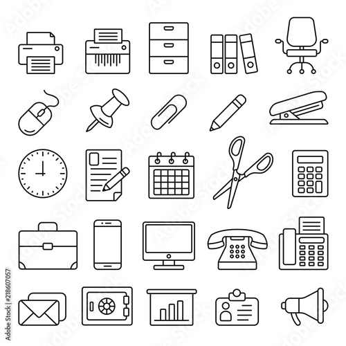 Office supplies related icons: thin vector icon set, black and white kit