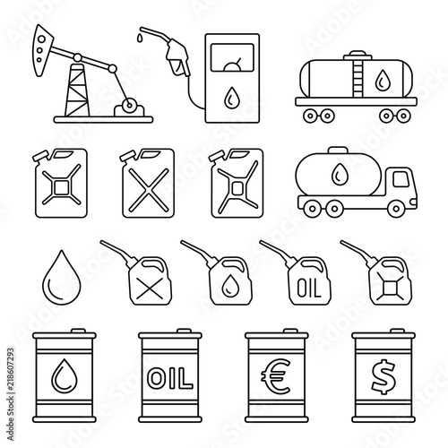 Oil barrel related icons: thin vector icon set, black and white kit