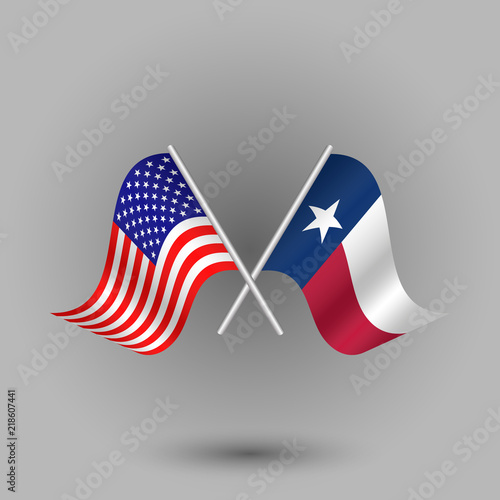 vector two crossed american and flag of texas on silver sticks - symbols of united states of america usa