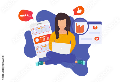 Customer centricity reputation management concept vector illustration. Customer feedback online review report client survey presentation template. A girl with a laptop and infographic charts elements.