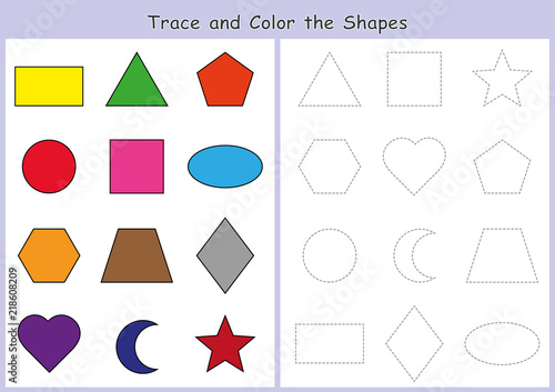 фотографія tracing and color the geometric shapes, worksheet for kids