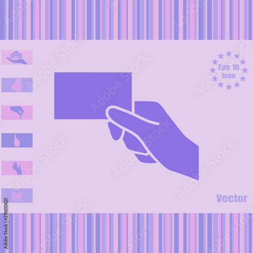 hand holding visit card vector icon. Flat design style