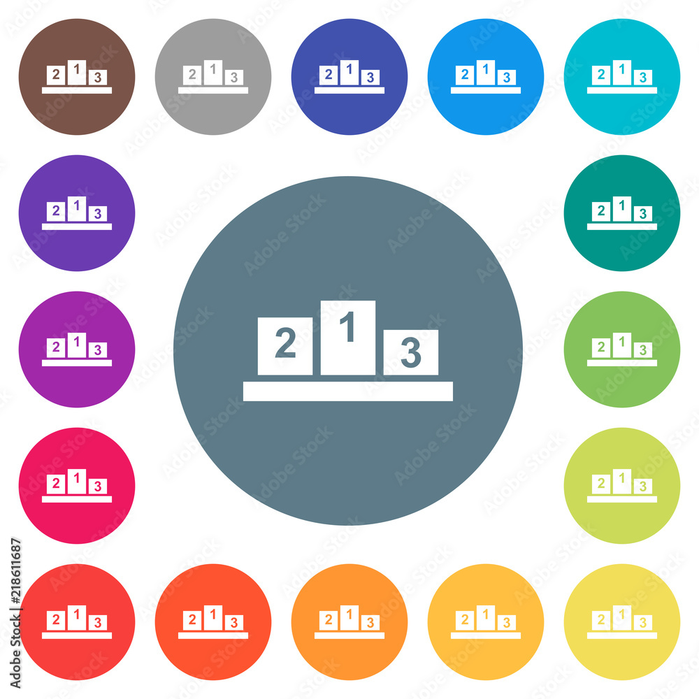 Winners podium with inside numbers flat white icons on round color backgrounds Winners podium with inside numbers flat white icons on round color backgrounds
