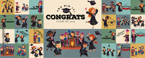 Congrats flat set. College composition consist of graduation class of 2019 students throwing caps girls and boys in gowns with diplomas graduates party vector illustration.