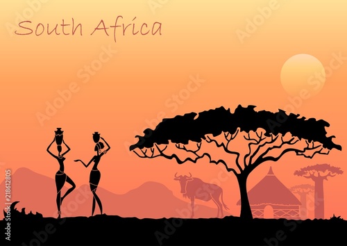 African women against the African sunset. Vector background