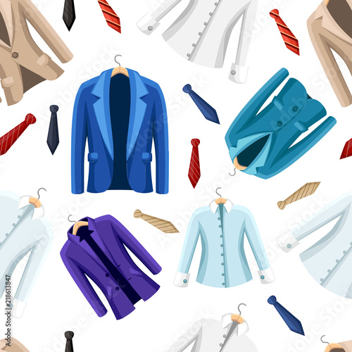 Seamless pattern. Formal colored suits for men. Colorful jacket and shirt. Flat vector illustration on white background