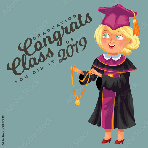 Congrats class of 2019 flat colorful poster. Smiling professor in gown and cap standing and holding gold medal vector illustration.
