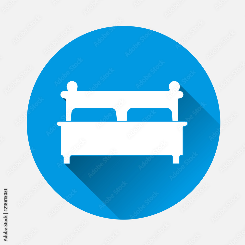 Vector image of the bed. Bed Icon on blue background. Flat image bed with long shadow. Layers grouped for easy editing illustration. For your design. Vector image of the bed. Bed Icon on blue background. Flat image bed with long shadow. Layers grouped for easy editing illustration. For your design.