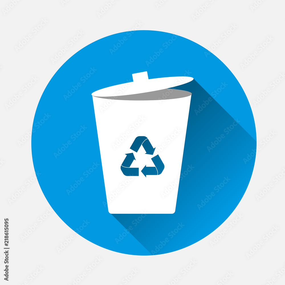 Container recycling of garbage sign isolated. Flat icon bin on blue background. Flat image Trash can with long shadow. Layers grouped for easy editing illustration. For your design. Container recycling of garbage sign isolated. Flat icon bin on blue background. Flat image Trash can with long shadow. Layers grouped for easy editing illustration. For your design.