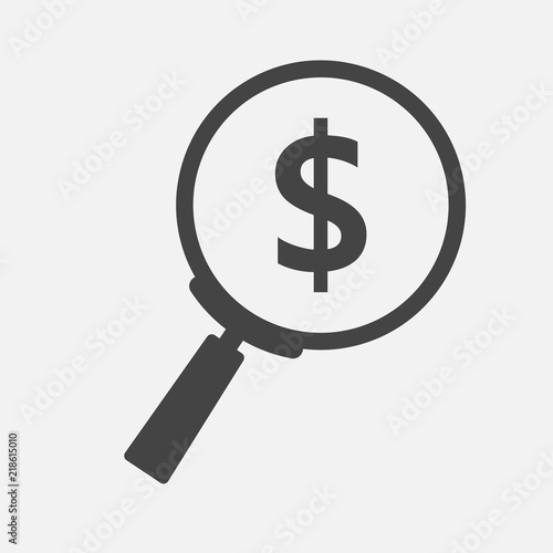 Searching magnifier glass dollar. Money vector icon on gray background.  Layers grouped for easy editing illustration. For your design.