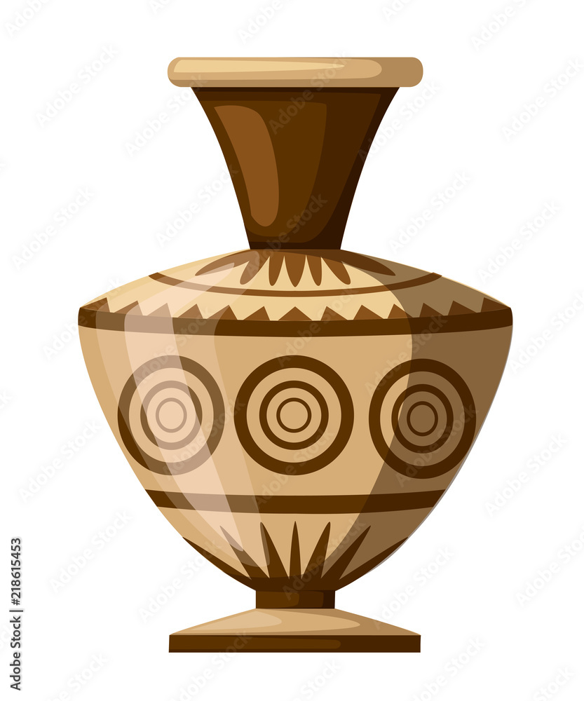 Ancient vase illustration. Greek or roman culture. Brown color and patterns. Flat vector illustration isolated on white background. Greek pottery icon