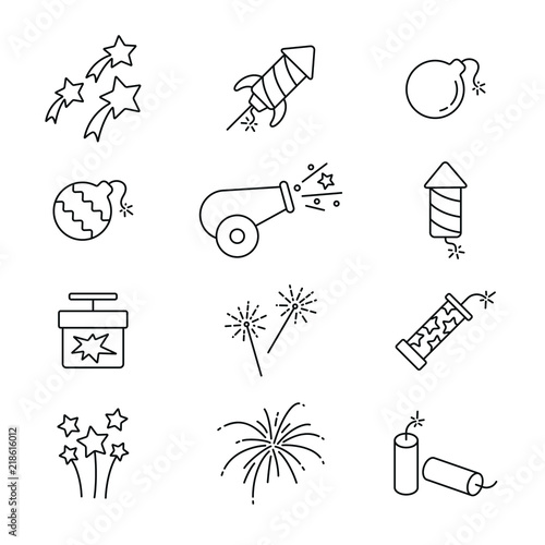 Pyrotechnic related icons: thin vector icon set, black and white kit