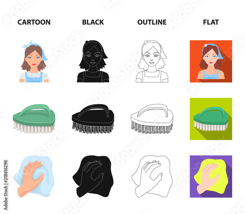 A cleaning woman, a housewife in an apron, a green brush, a hand with a rag, a blue wash hand basin with foam. Cleaning set collection icons in cartoon,black,outline,flat style vector symbol stock