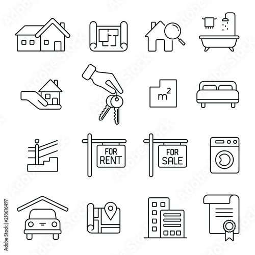 Real estate related icons: thin vector icon set, black and white kit