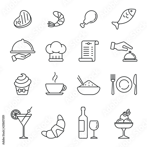 Restaurant related icons: thin vector icon set, black and white kit