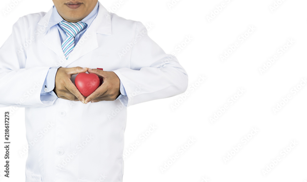 doctor holding red heart isolated, Prevent heart disease, copy space