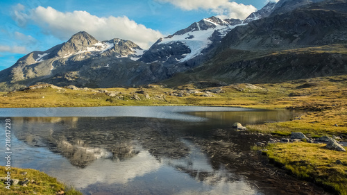 Lake on top of The Bernina Pass (el. 2328 m.) (Italian: Passo del Bernina) , a high mountain pass in the Bernina Range of the Alps, in the canton of Graubunden (Grisons) in eastern Switzerland. 