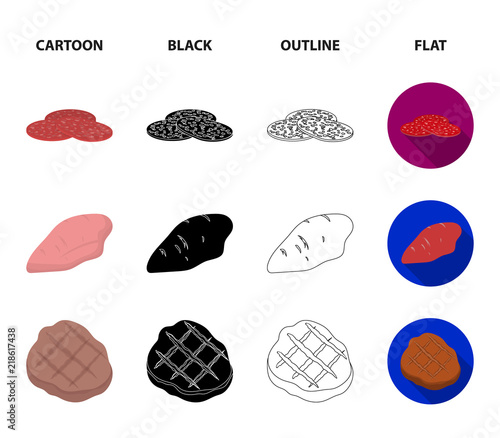 Pieces of salami, turkey fillet, grilled steak, kebab.Meat set collection icons in cartoon,black,outline,flat style vector symbol stock illustration web.