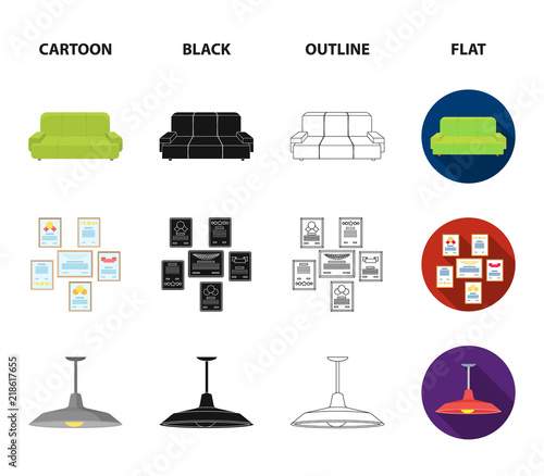 Comfortable sofa, letters and diplomas within the framework, an office ceiling lamp, a desk with drawers. Office Furniture set collection icons in cartoon,black,outline,flat style vector symbol stock