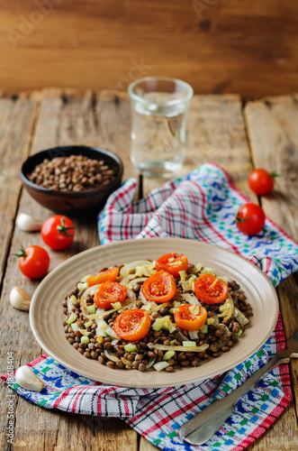 Green Lentil roasted onion and tomato salad