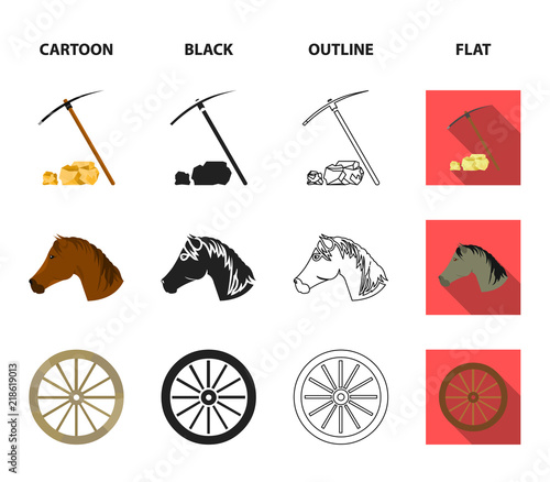 Pickax hoe, horse head, wheel cart, quiver with arrows.Wild west set collection icons in cartoon,black,outline,flat style vector symbol stock illustration web.