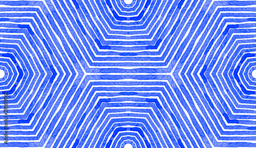 Blue Geometric Watercolor. Curious Seamless Pattern. Hand Drawn Stripes. Brush Texture. Worthy Chevr