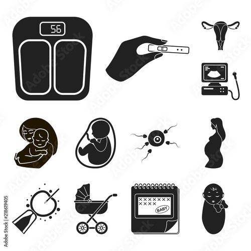 Woman and pregnancy black icons in set collection for design. Gynecology and equipment vector symbol stock web illustration.