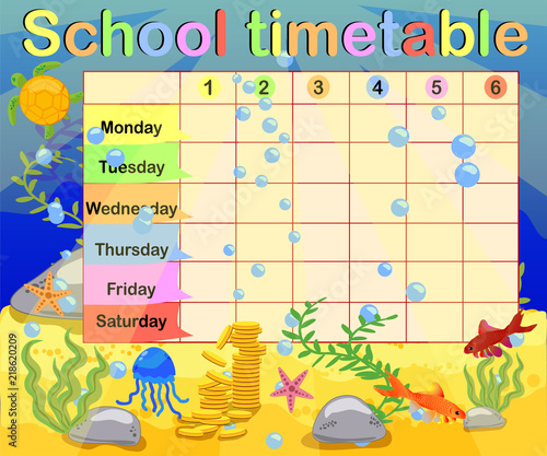 Design of the school timetable for kids. Bright underwater background for the planning of the school week photo