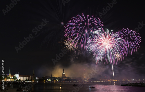 Festive firework for celebration of Riga city holiday, Latvia, EC