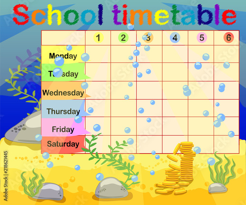 Design of the school timetable for kids. Bright underwater background for the planning of the school week photo