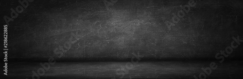 blackboard texture wall and black background, copy space long horizontal studio photo