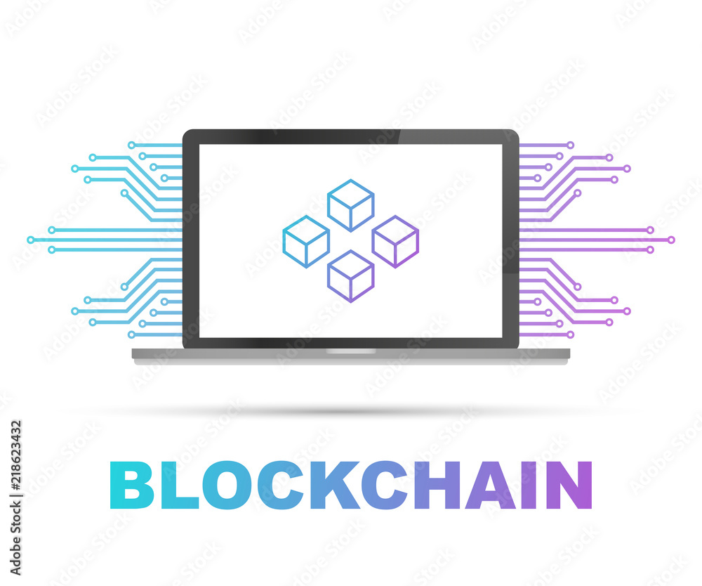 Blockchain icon on laptop screen, connected cubes on the display. Symbol of database, data center, cryptocurrency and blockchain Blockchain icon on laptop screen, connected cubes on the display. Symbol of database, data center, cryptocurrency and blockchain