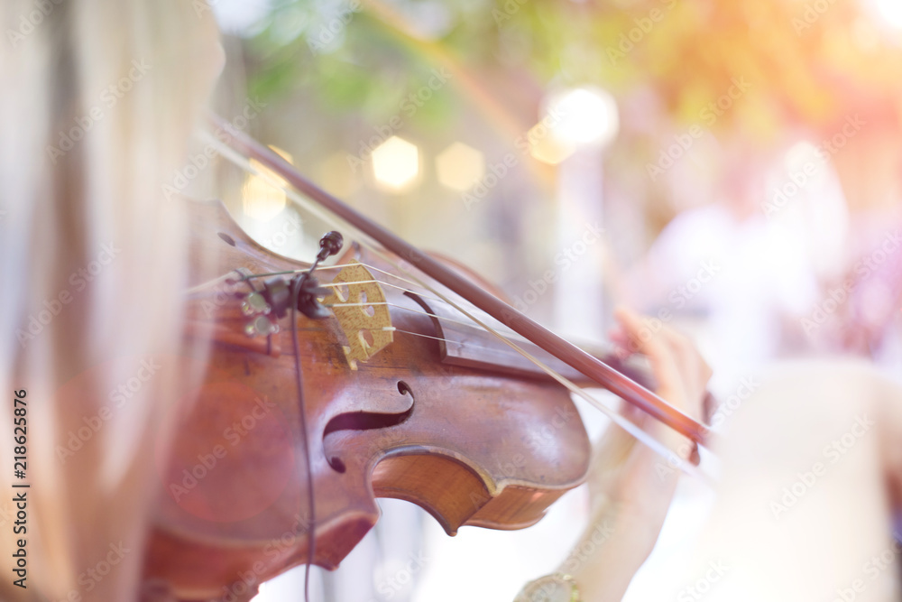 abstract girl with blond hair playing on a violin in spring park. vintage toned and stylized