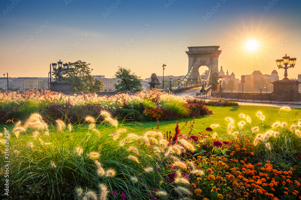 Fototapeta premium Budapest, Hungary - Sunrise at the Clark Adam Square with the beautiful Szechenyi Chain Bridge