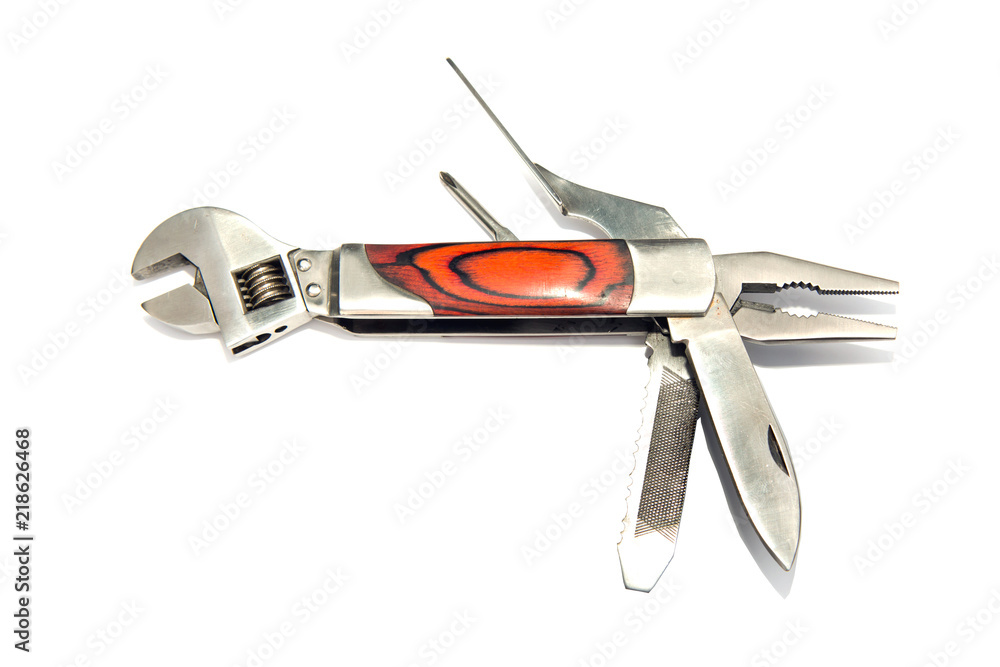 Stainless steel multifunctional pocket multi tool isolated on white background Stainless steel multifunctional pocket multi tool isolated on white background