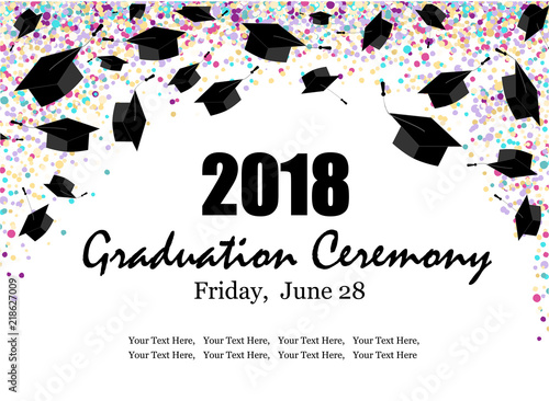 Graduate caps with multi colored confetti banner