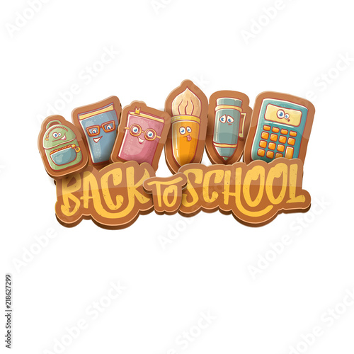 Back to school vector characters background with funny cartoon supplies like pencil ,book, bag, eraser and space for text. Vector back to school cartoon label isolated on white