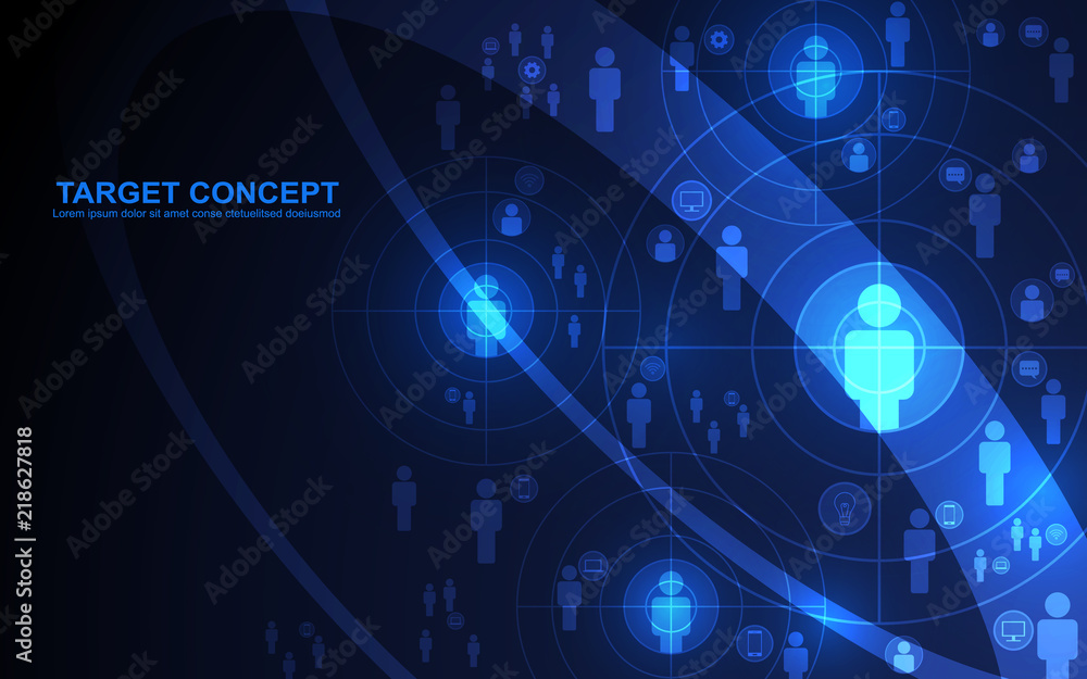 Abstract shooting target audience template. Aim, Curve and icon on black blue background. Digital technology futuristic design concept.