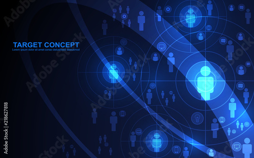 Abstract shooting target audience template. Aim, Curve and icon on black blue background. Digital technology futuristic design concept.