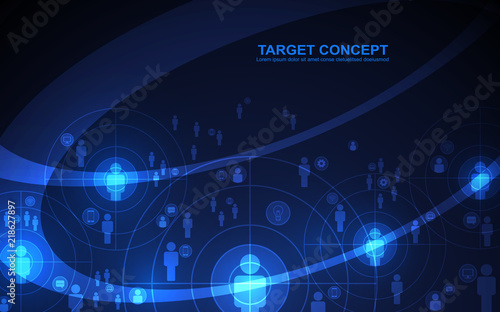 Abstract shooting target audience template. Aim, Curve and icon on black blue background. Digital technology futuristic design concept.