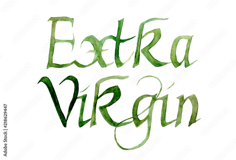 Fototapeta premium Calligraphic inscription Extra Virgin. Suitable for emblem, label, icon or design element, isolated on white background. The inscription is watercolor.