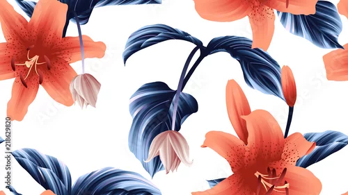 Tapety Wzór, pomarańczowe kwiaty lilii i kwiaty Medinilla Magnifica z niebieskimi liśćmi na białym tle, w odcieniach zieleni, czerwieni i bieli