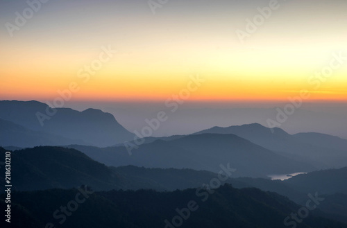 Landscape nature beautiful sunrise on top of thailand mountain