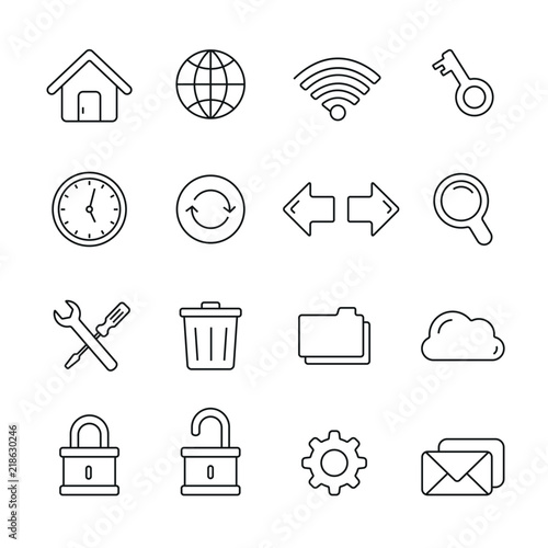 Web related icons: thin vector icon set, black and white kit photo